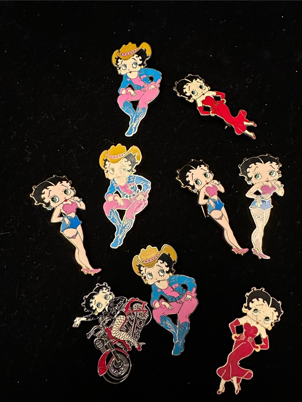 Vintage Betty Boop Enamel Pin Collection - Pink, Blue, Red, Yellow 9 pc bundle